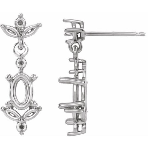 Accented Earrings Mounting in 14 Karat White Gold for Oval Stone, 0.68 grams