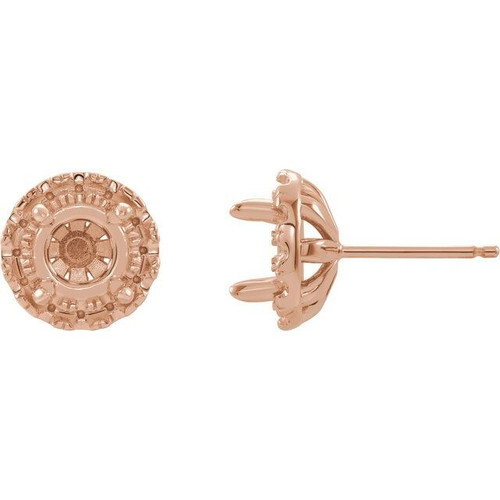 French Set Halo Style Earrings Mounting in 14 Karat Rose Gold for Round Stone, 0.69 grams