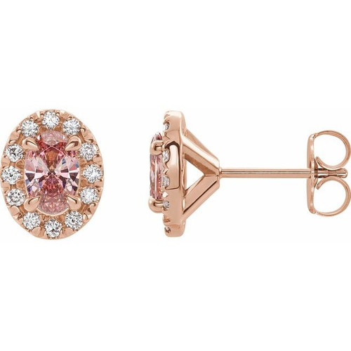 French Set Halo Style Earrings Mounting in 14 Karat Rose Gold for Oval Stone, 1.29 grams