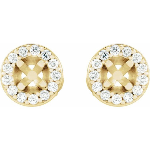 Round 4 Prong Halo Style Earrings Mounting in 18 Karat Yellow Gold for Round Stone, 1.87 grams