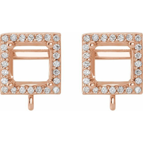 Square 4 Prong Halo Style Earring Top Mounting in 14 Karat Rose Gold for Square Stone, 0.87 grams