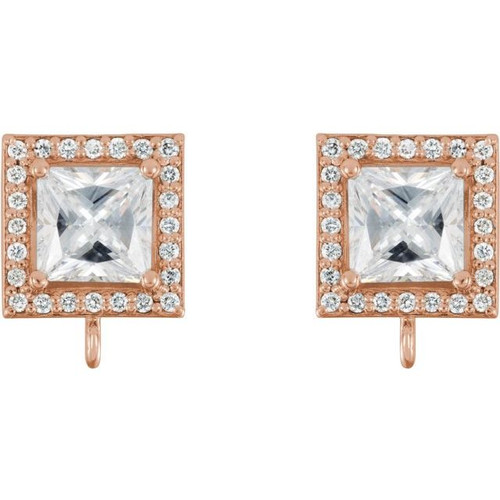 Square 4 Prong Halo Style Earring Top Mounting in 14 Karat Rose Gold for Square Stone, 0.87 grams