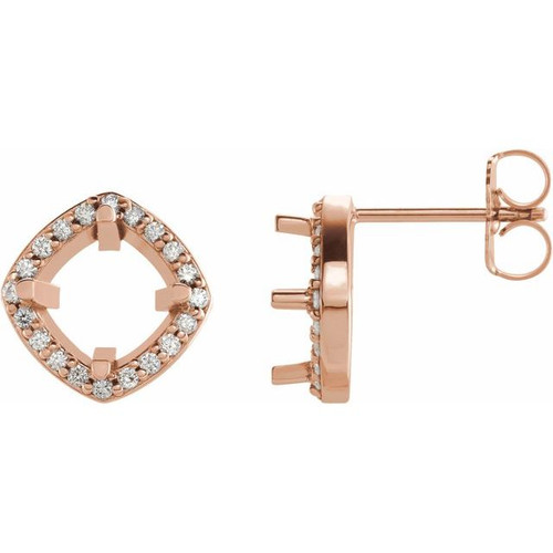 Round 4 Prong Halo Style Earrings Mounting in 14 Karat Rose Gold for Round Stone, 2.21 grams