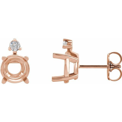 Round 4 Prong Accented Stud Earrings Mounting in 14 Karat Rose Gold for Round Stone, 0.77 grams