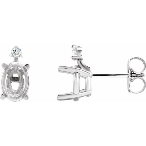 Oval 4 Prong Accented Stud Earrings Mounting in 14 Karat White Gold for Oval Stone, 0.82 grams