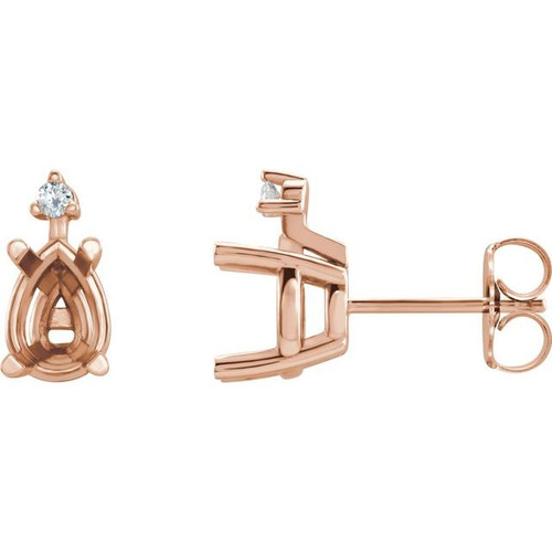 Pear 4 Prong Lightweight Accented Stud Earrings Mounting in 14 Karat Rose Gold for Pear shape Stone, 0.83 grams
