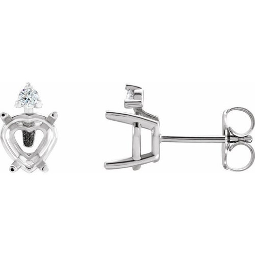 Heart 4 Prong Accented Stud Earrings Mounting in Platinum for Heart shape Stone, 1.22 grams