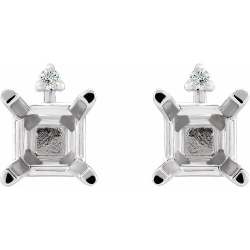 Square 4 Prong Accented Stud Earrings Mounting in 18 Karat White Gold for Square Stone, 1.29 grams