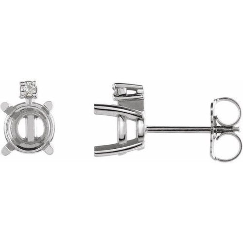 Round 4 Prong Accented Cabochon Earrings Mounting in 18 Karat White Gold for Round Stone, 1.05 grams