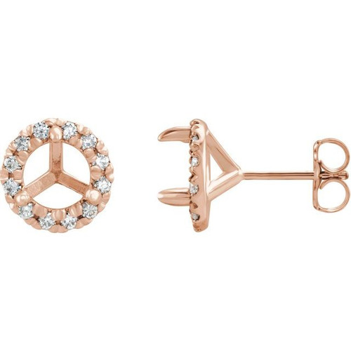 Round French Set Halo Style Earrings Mounting in 14 Karat Rose Gold for Round Stone, 1.05 grams