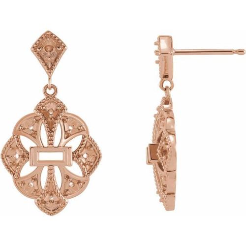 Vintage Inspired Earrings Mounting in 14 Karat Rose Gold for Straight baguette Stone, 1.9 grams
