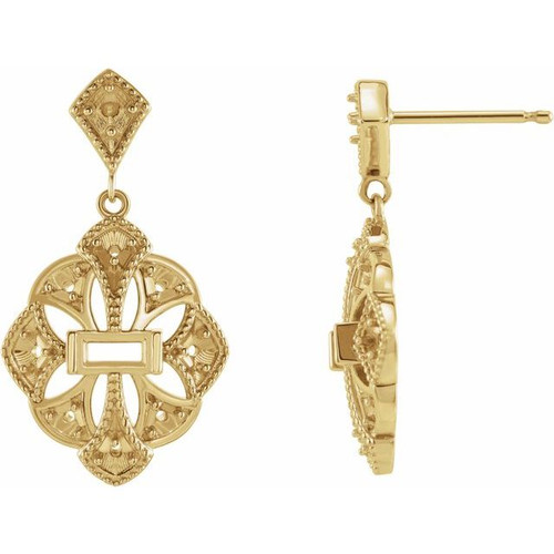 Vintage Inspired Earrings Mounting in 14 Karat Yellow Gold for Straight baguette Stone, 1.89 grams