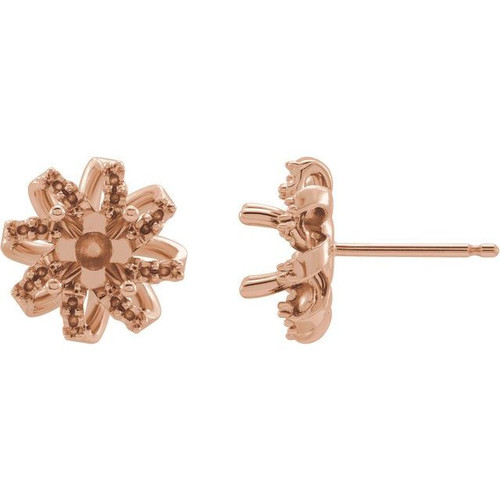 Round 4 Prong Halo Style Twist Earrings Mounting in 14 Karat Rose Gold for Round Stone, 1.19 grams
