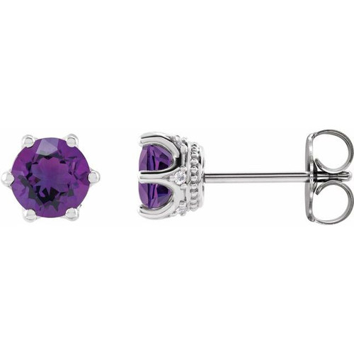 Round 6 Prong Accented Crown Stud Earrings Mounting in Sterling Silver for Round Stone, 0.81 grams