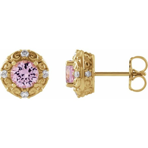 Round 4 Prong Halo Style Earrings Mounting in 14 Karat Yellow Gold for Round Stone, 3.14 grams