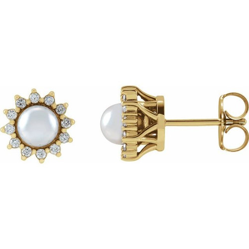 Halo Style Pearl Earrings Mounting in 14 Karat Yellow Gold for Pearl Stone, 2.88 grams