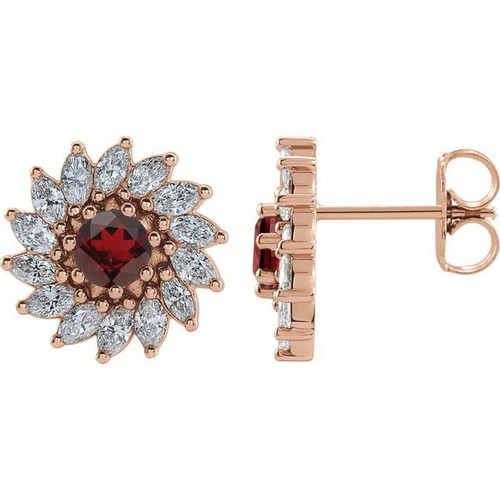 Round 7 Prong Halo Style Earrings Mounting in 14 Karat Rose Gold for Round Stone, 3.01 grams