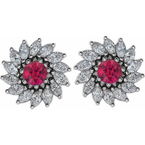 Round 7 Prong Halo Style Earrings Mounting in 14 Karat White Gold for Round Stone, 2.92 grams