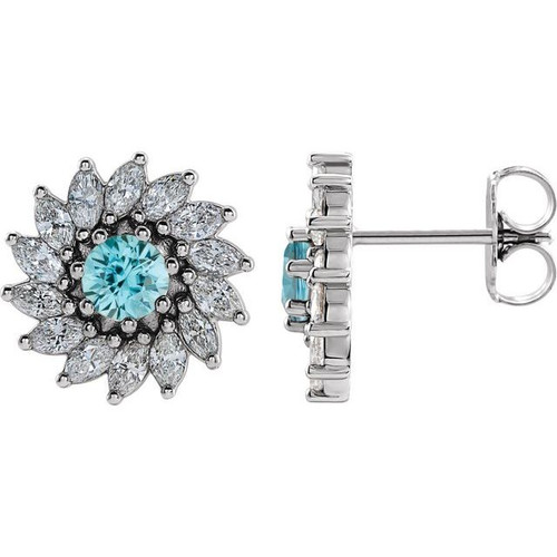 Round 7 Prong Halo Style Earrings Mounting in Platinum for Round Stone, 4.57 grams