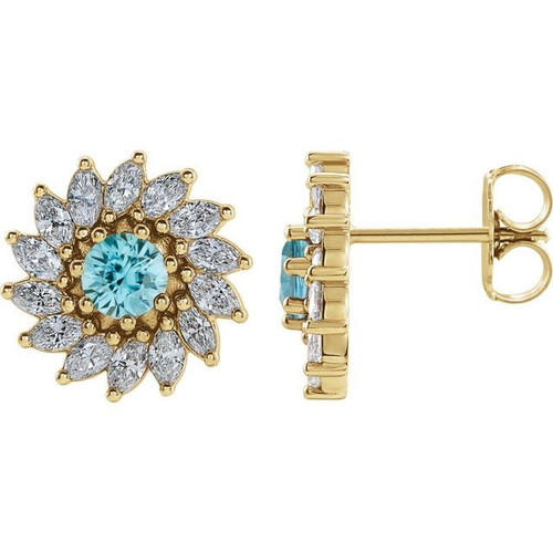 Round 7 Prong Halo Style Earrings Mounting in 14 Karat Yellow Gold for Round Stone, 2.98 grams