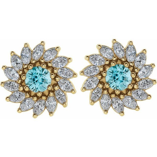 Round 7 Prong Halo Style Earrings Mounting in 14 Karat Yellow Gold for Round Stone, 2.98 grams