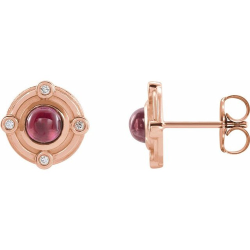 Accented Cabochon Earrings Mounting in 14 Karat Rose Gold for Round Stone, 0.92 grams