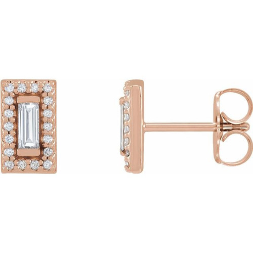 Halo Style Earrings Mounting in 14 Karat Rose Gold for Straight baguette Stone, 1.47 grams