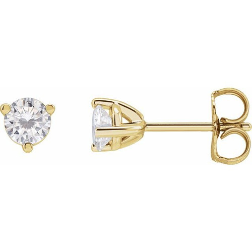 Round 3 Prong Moissanite Stud Earrings Mounting in 14 Karat Yellow Gold for Round Stone, 0.81 grams