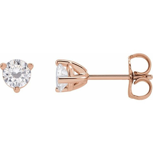 Round 3 Prong  Moissanite Stud Earrings Mounting in 14 Karat Rose Gold for Round Stone, 0.81 grams