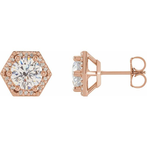 Round 6 Prong Halo Style Stud Earrings Mounting in 14 Karat Rose Gold for Round Stone, 2.56 grams
