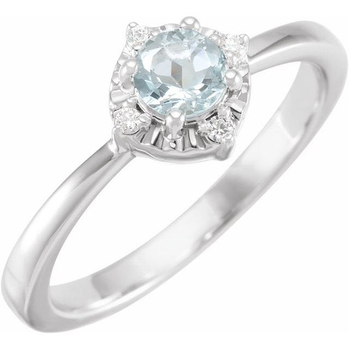 Sterling Silver Natural Aquamarine & .04 CTW Natural Diamond Halo-Style Ring.
