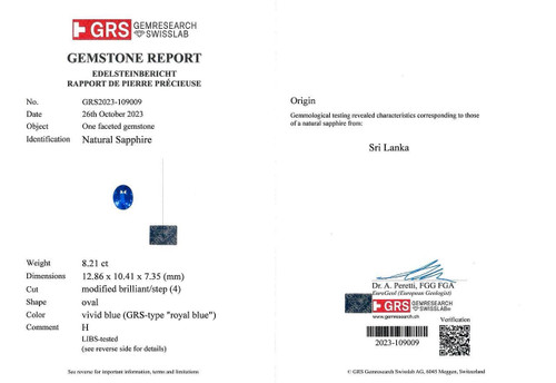 8.21 Carat Brilliant Royal Blue Sapphire Gem, GRS Cert, Oval Shape, 12.86 x 10.41 x 7.35 mm