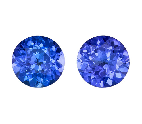 1.2 Carat Matched Pair of Blue Purple Tanzanite Gems, Round Shape, 5.3 mm