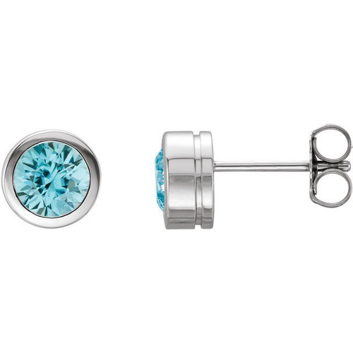 14K White Natural Blue Zircon Bezel-Set Earrings