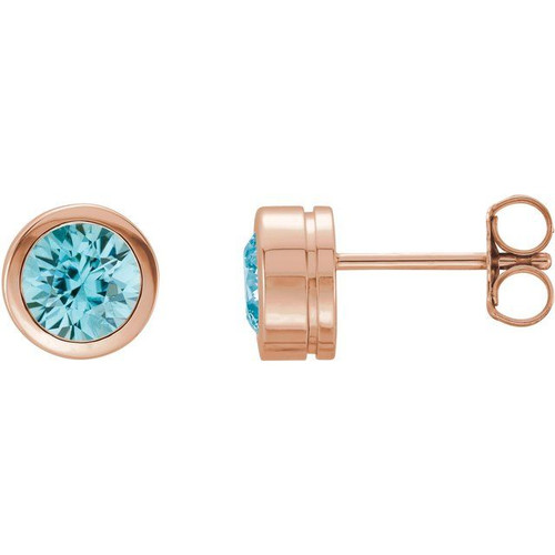 14K Rose Natural Blue Zircon Bezel-Set Earrings