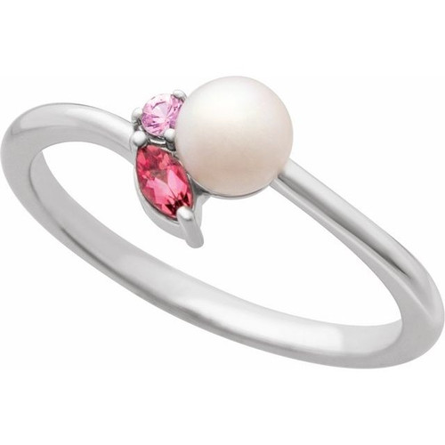 Sterling Silver Cultured Akoya Pearl, Natural Pink Tourmaline & Natural Pink Sapphire Ring
