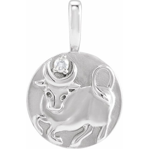 14K White .015 CT Natural Diamond Chinese Zodiac Ox Pendant