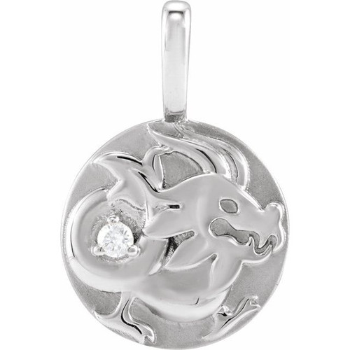14K White .015 CT Natural Diamond Chinese Zodiac Dragon Pendant
