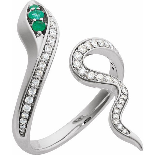 14K White Lab-Grown Emerald & 1/3 CTW Lab-Grown Diamond Snake Ring