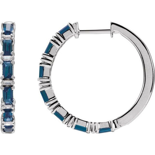 14K White Natural Blue Sapphire & 1 1/4 CTW Natural Diamond Hoop Earrings