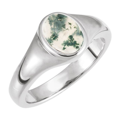 14K White 8x6 mm Natural Moss Agate Ring