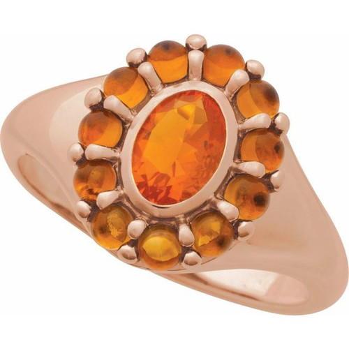 14K Rose Natural Mexican Fire Opal & Natural Citrine Halo-Style Ring