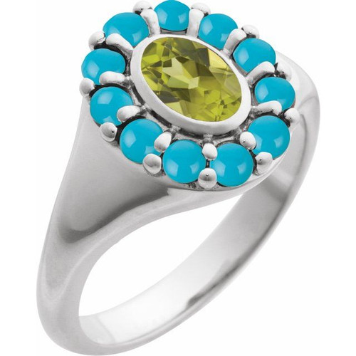 14K White Natural Peridot & Natural Turquoise Halo-Style Ring