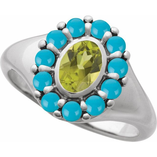 Platinum Natural Peridot & Natural Turquoise Halo-Style Ring