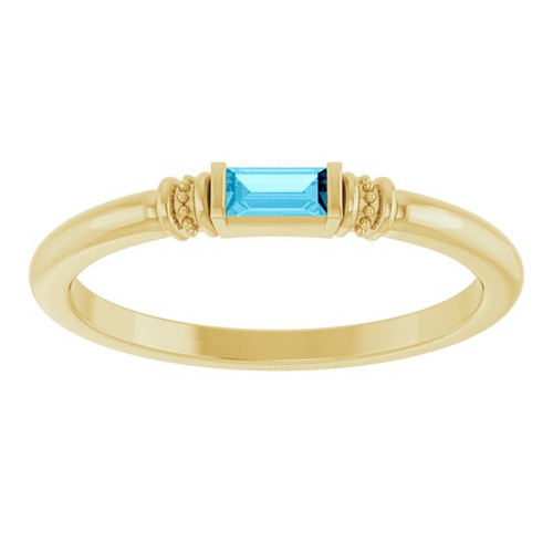 14 Karat Yellow Gold Lab Aqua Sapphire Stackable Ring – 4 x 2 mm Baguette