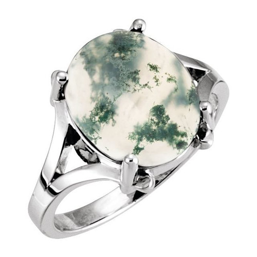 14K White Natural Moss Agate Cabochon Ring