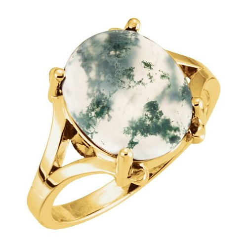 14K Yellow Natural Moss Agate Cabochon Ring