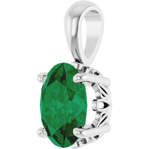 14K White Lab-Grown Emerald Pendant