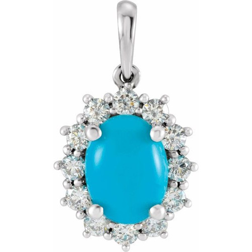 14K White Natural Turquoise & 1/5 CTW Natural Diamond Halo-Style Pendant