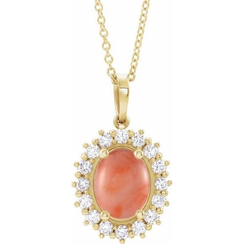 14K Yellow Natural Pink Coral & 1/3 CTW Natural Diamond Halo-Style 16-18" Necklace